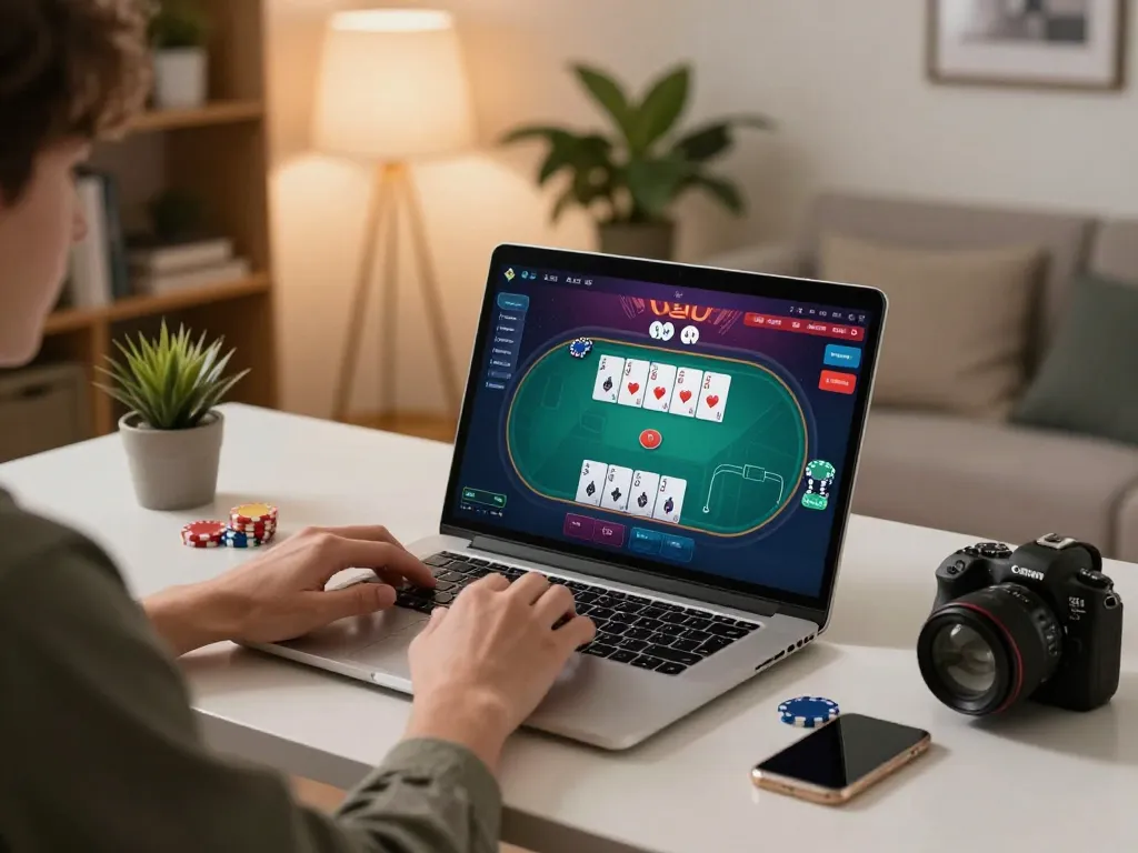 Player engaging in online poker gameplay with JUN88 on a laptop, showcasing a dynamic home setup.