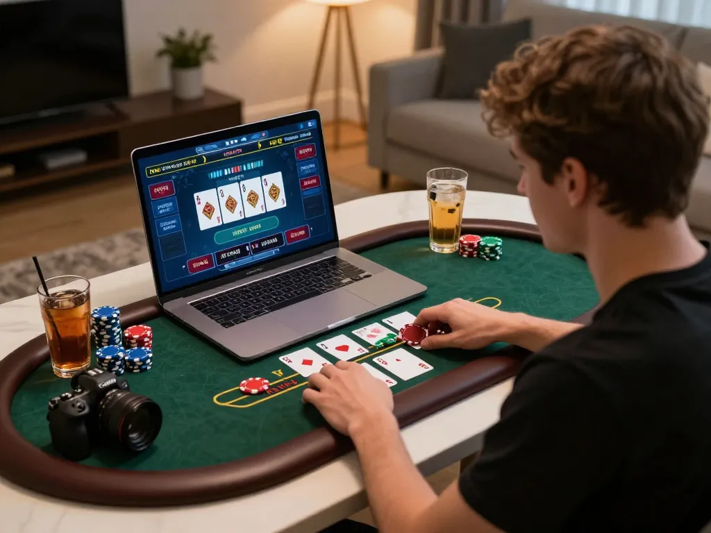 Player interacts with 888top live dealer blackjack game on laptop, showcasing strategic gameplay in a cozy home environment