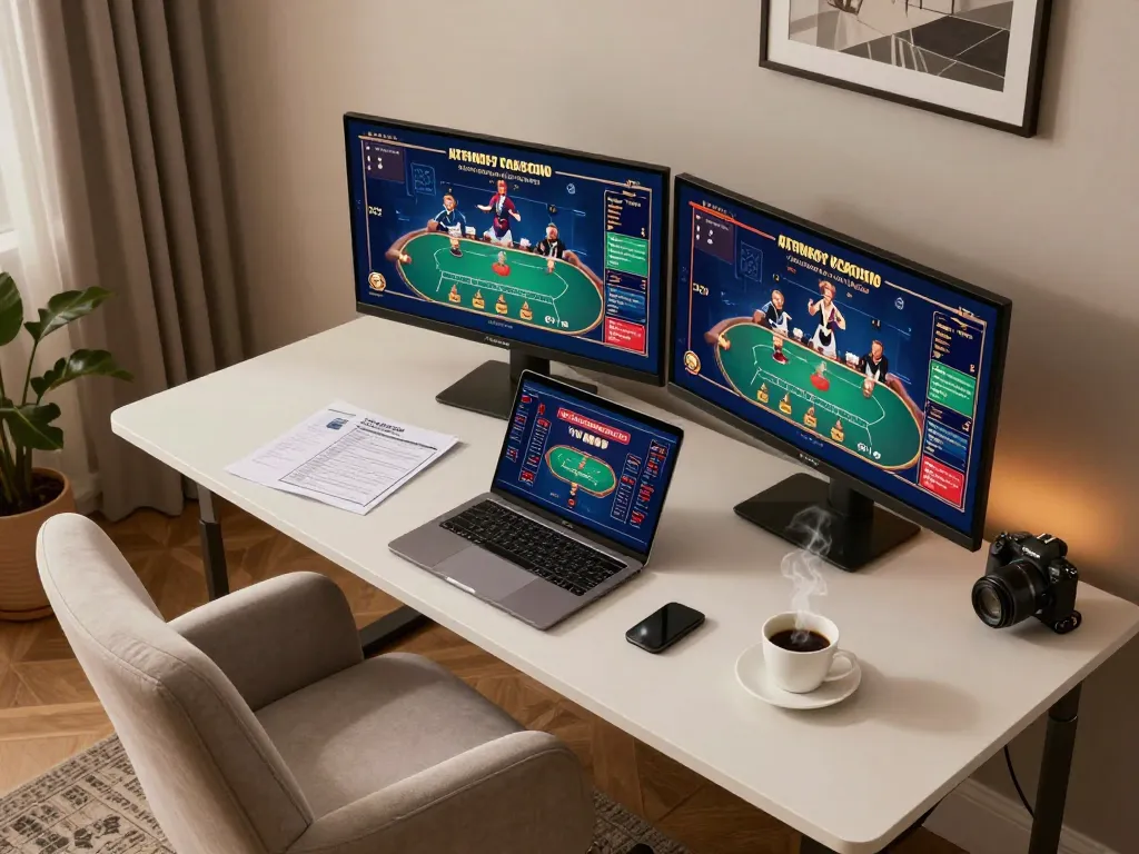 SV66 online gaming setup showcases live casino excitement with dual monitors and strategy notes