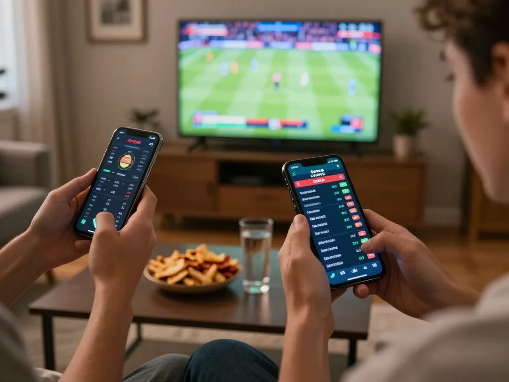 Engaged bettors using fabet1 app on smartphones during live sports viewing.