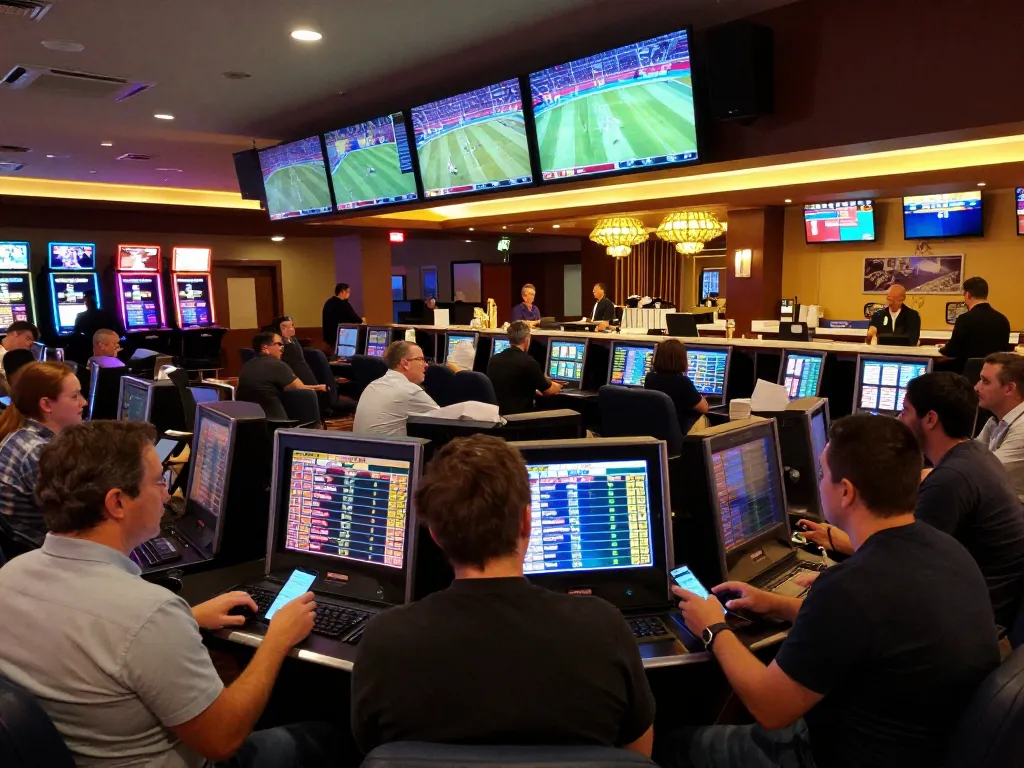 Open88 bettors analyzing sports odds on tablets surrounded by vibrant casino atmosphere.