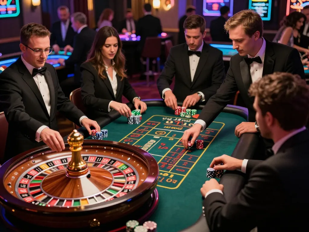 O8 live dealer game at bustling casino, players placing bets at roulette table during thrilling gameplay.