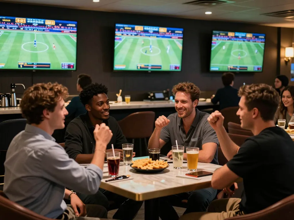 Enjoying live sports betting at hd88qq with friends in a vibrant lounge atmosphere