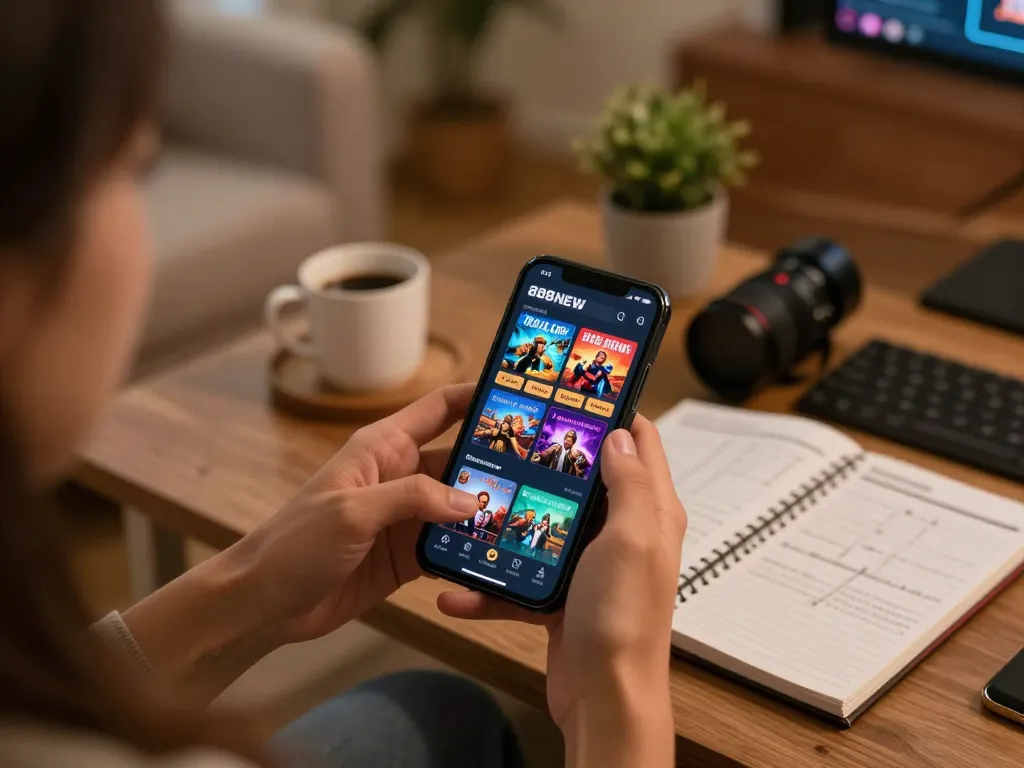 Engaging with the 888NEW app while gaming at home, showcasing strategic casino game options