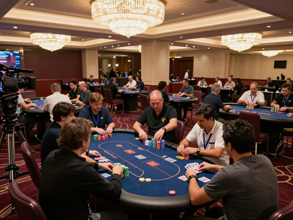 Players enjoying an exciting game at 789bet com's upscale casino with vibrant poker tables and colorful chips.