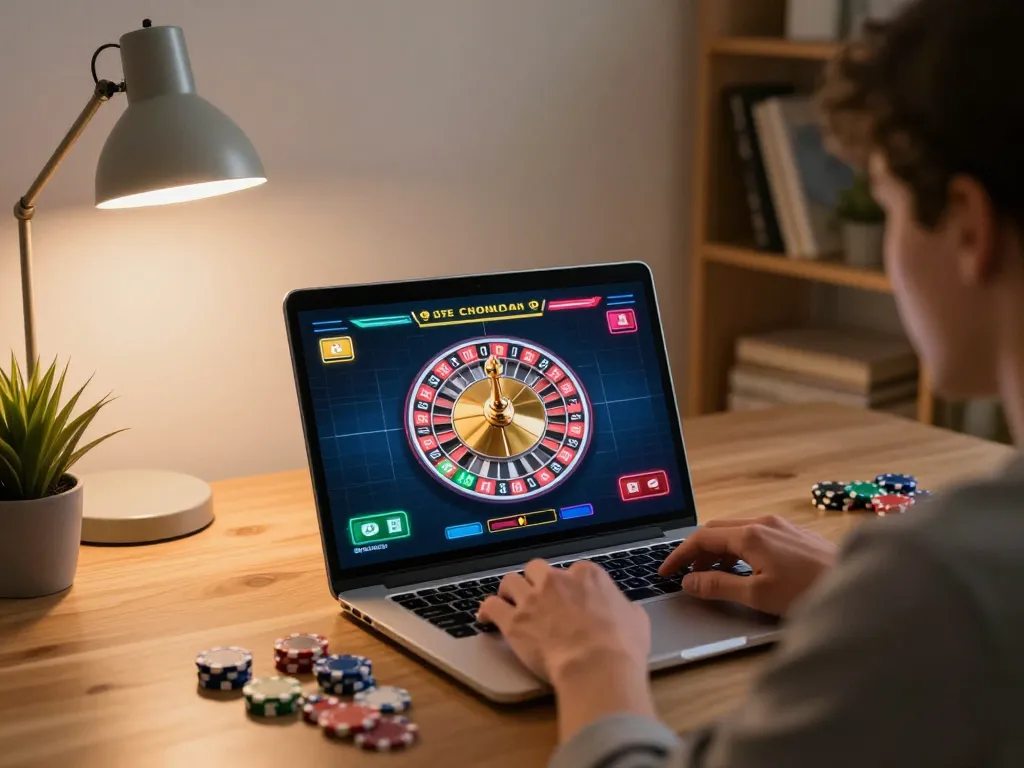 Player enjoying a thrilling roulette game on 9bet laptop in a cozy home office setting.