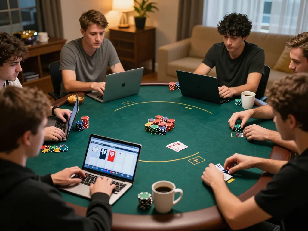 Players engaging in online poker gaming strategies with hoiquantvhd app in cozy home setting.