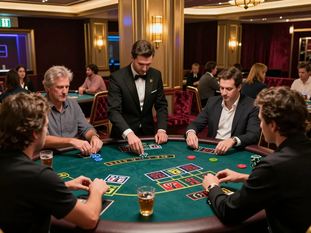 Players engage in strategic blackjack action at FLY88 casino tables, showcasing intense gameplay.