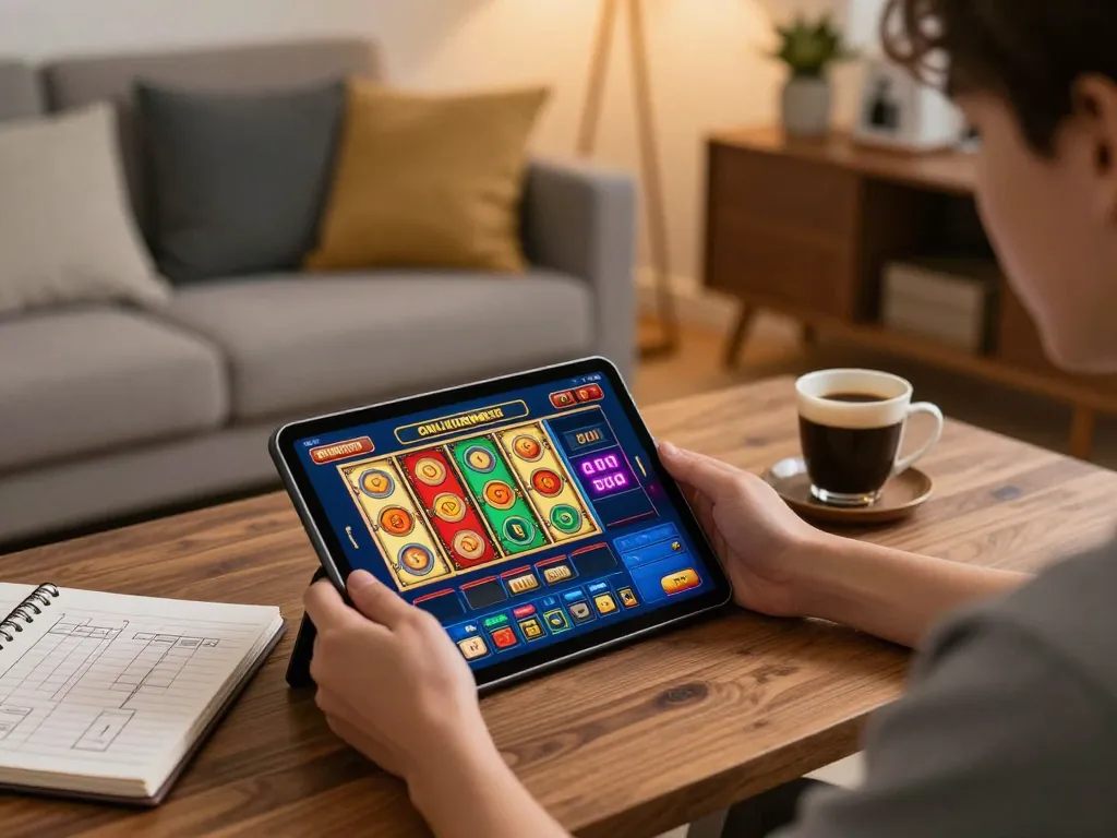 FLY88 online gaming experience with a player enjoying slots and strategies in a cozy setup.
