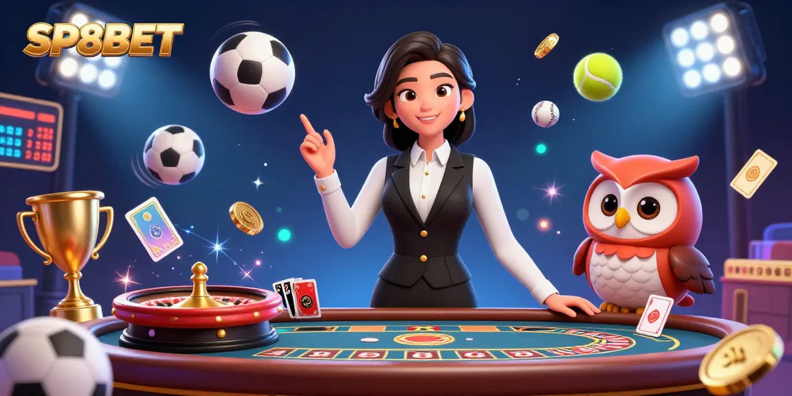 Experience excitement at SP8BET with an engaging online casino illustration showcasing dealers, games, and vibrant elements.