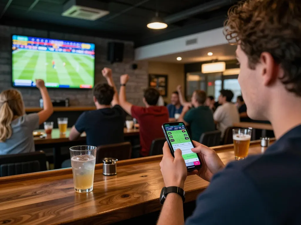 Betting on sports games, showing scores and odds on smartphone in sports bar setting, reflecting ผลบอล