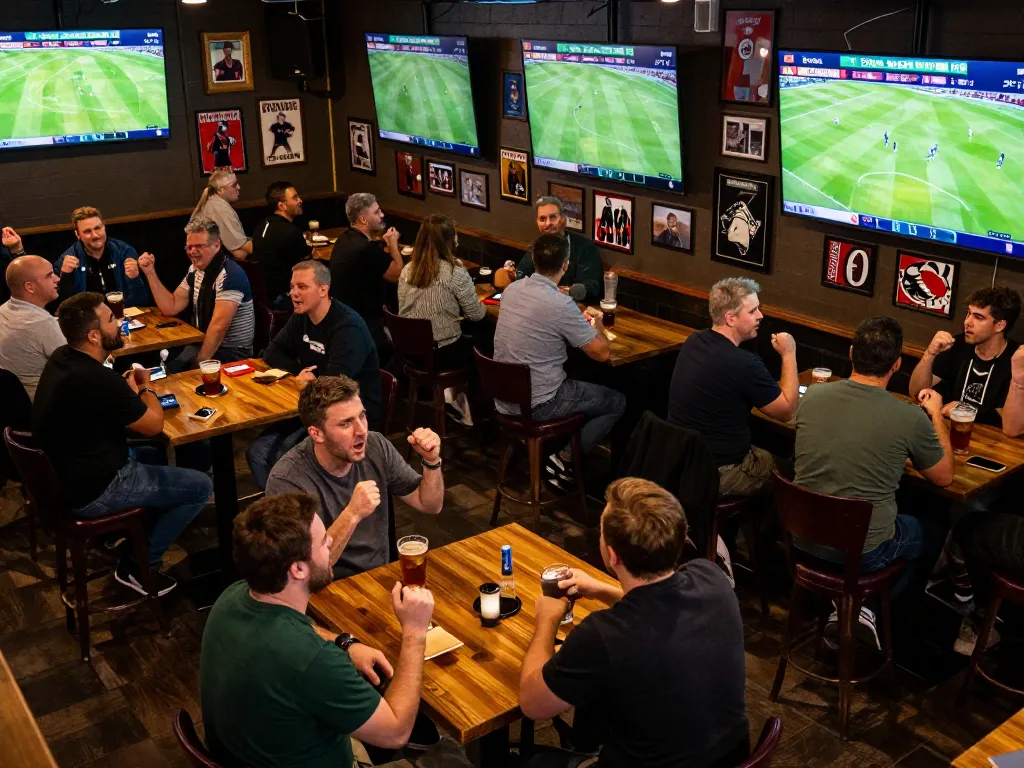 Socolive betting enthusiasts immersed in live sports action at a bustling sports bar.
