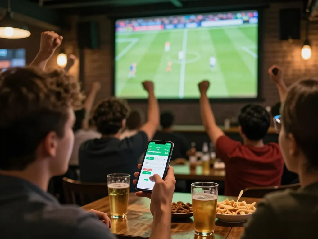 Watch thrilling matches with Link Xoilac in a vibrant sports bar atmosphere, engaging fans and live betting action.