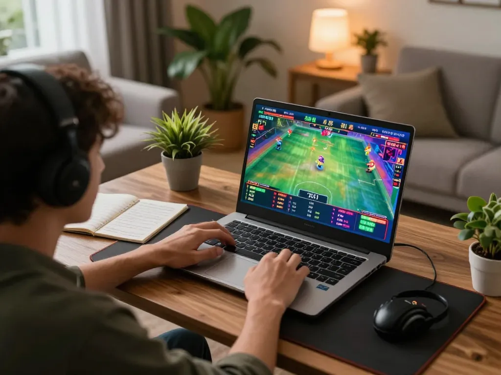 Engaging in trực tiếp đá gà betting on a laptop in a cozy living room environment
