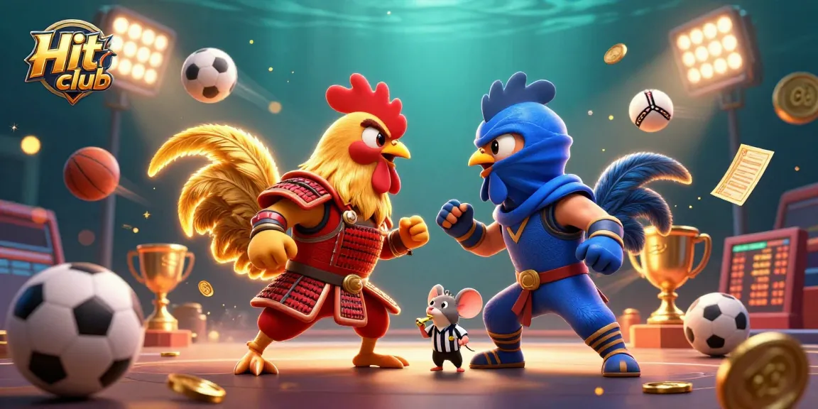 Hit club showcases a vibrant cartoonish standoff between samurai and ninja roosters amidst dynamic sports-themed elements.