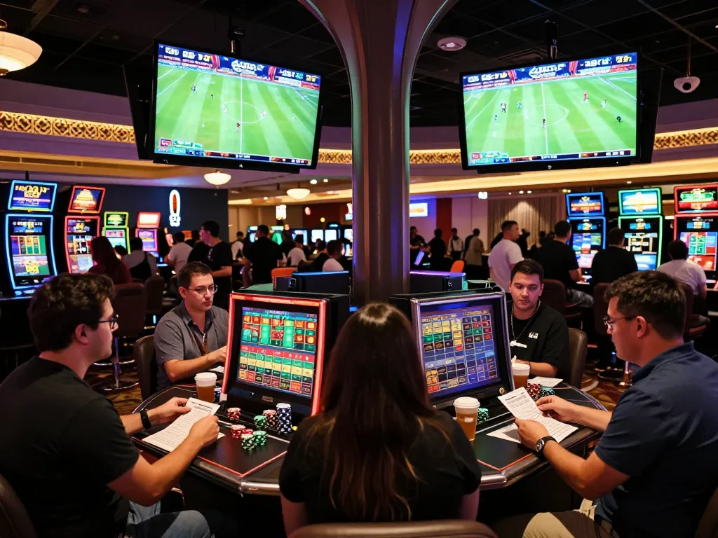 Excited fans engaging in sports betting while watching ดูบอล live on screens in a casino.