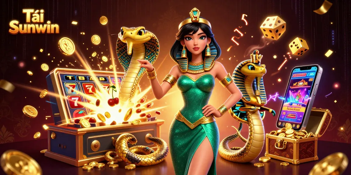 Tải Sunwin and win big in a vibrant casino themed illustration featuring a glamorous woman and playful golden cobra.