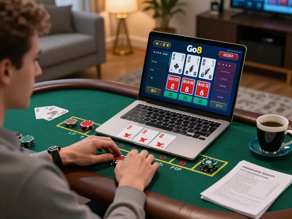 Player engaging in Go8's live blackjack game on laptop, showcasing strategic gameplay.