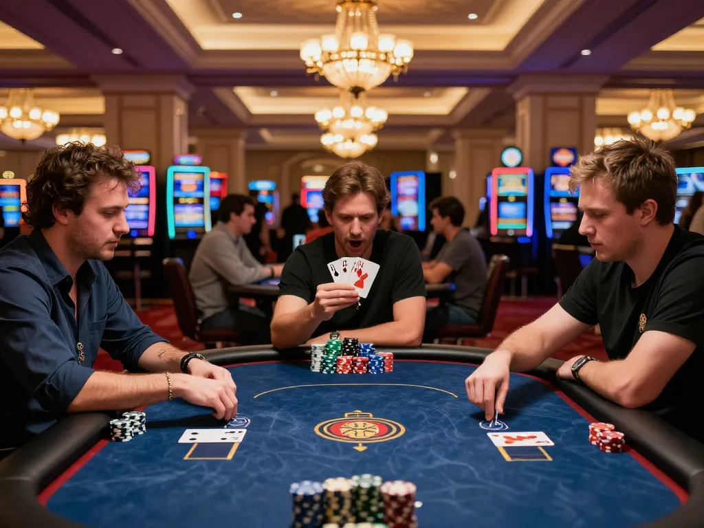 7m poker players revealing cards in a luxurious casino atmosphere, excitement and strategy in play