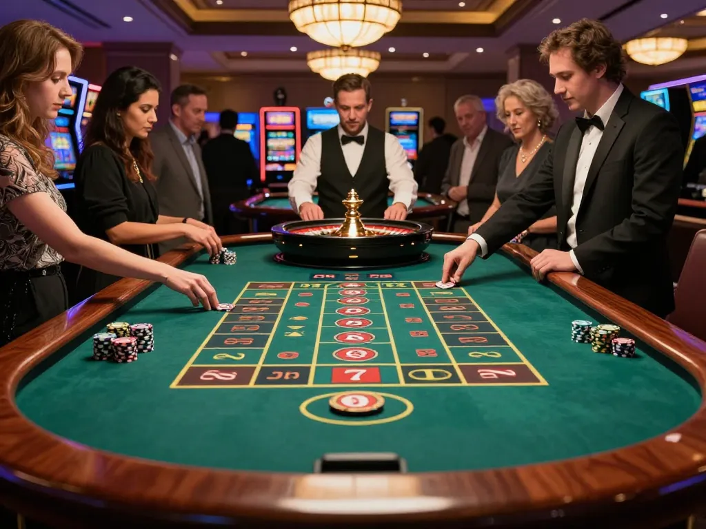 Tic88 roulette table with excited players placing bets in a vibrant casino atmosphere.