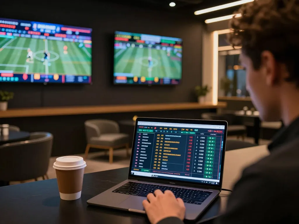 Exciting sports betting moment as a player calculates odds and places bets in a modern setup, showcasing سرعت در دنبال کردن ผลบอล.