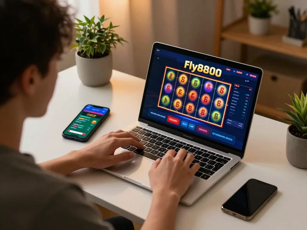 Player engaging with fly8800 online slots at home, showcasing a cozy gaming environment.