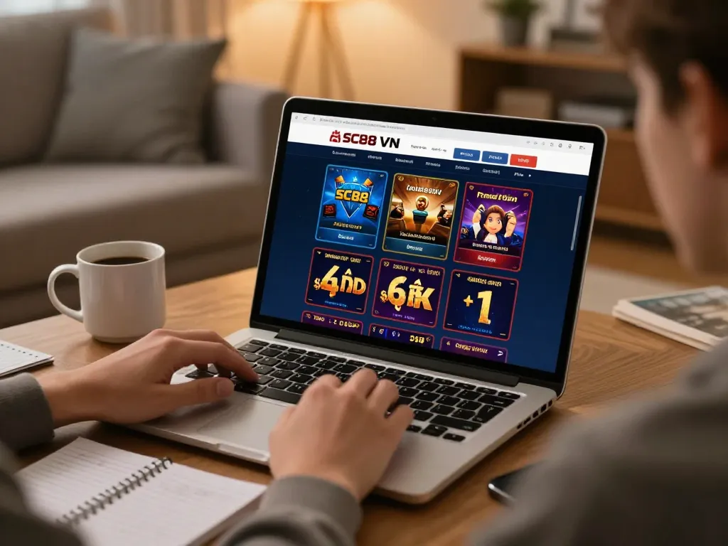 Engaging in online gambling activities on SC88 VN with a cozy home setup featuring a laptop and betting notes.