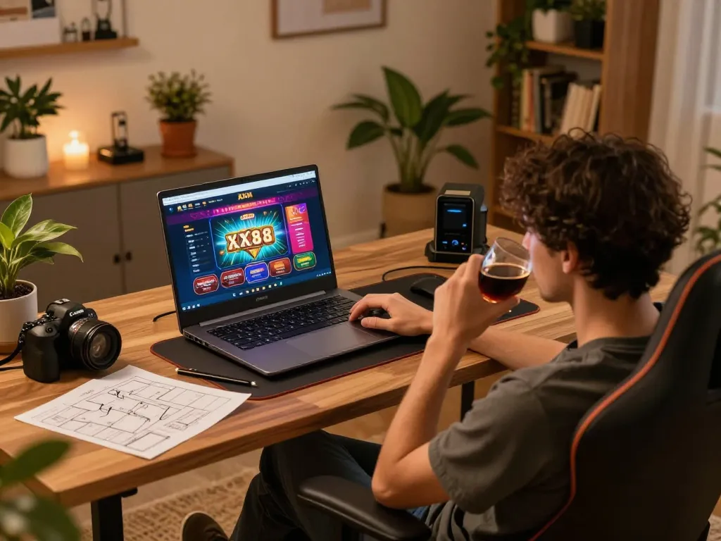 Player engaging with XX88 online casino gameplay on a laptop, showcasing vibrant graphics and a cozy home setup.