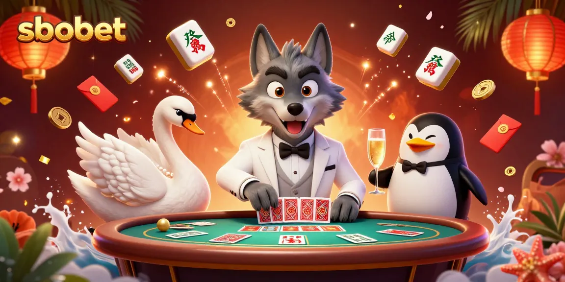 Engage with sbobet at a vibrant baccarat table with a wolf, swan, and penguin in an animated casino scene.