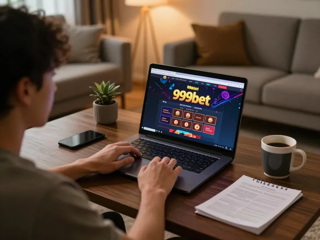 Engaged player enjoying 999bet online gaming with strategy notes at a cozy home setup