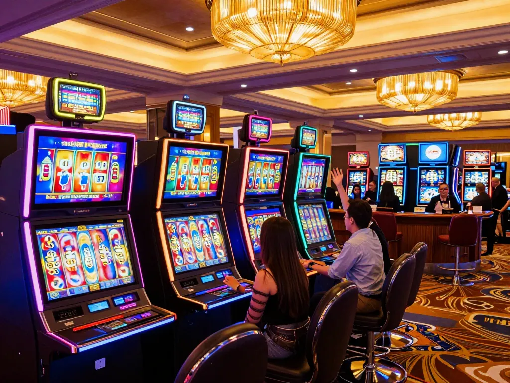 33WIN players enjoying vibrant slot machine action in a luxurious casino setting