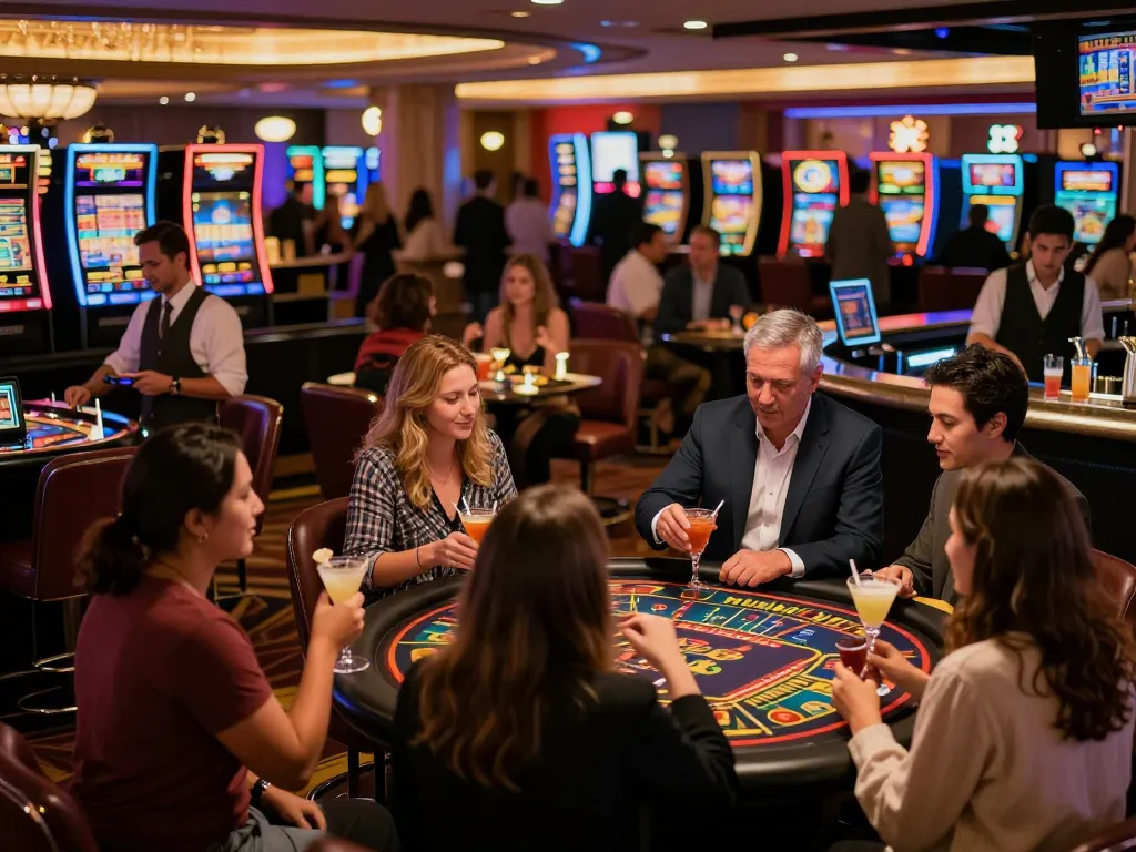 Hit-club patrons strategizing their next moves at an upscale casino bar over cocktails.