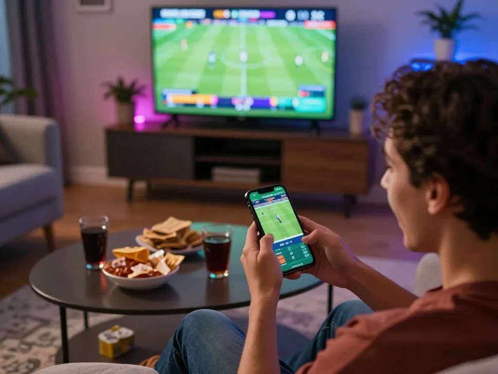 Lịch thi đấu bóng đá - Excited bettor using smartphone for online football match bets.