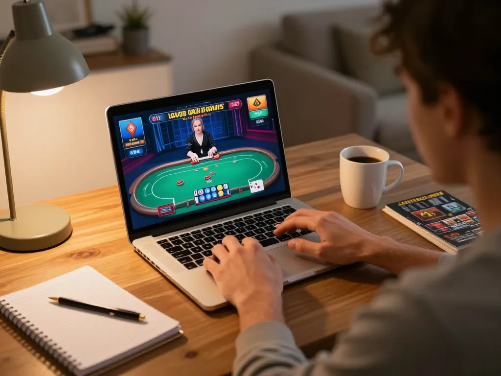 vin88az player engaging in live dealer poker online with strategy notes visible on the desk