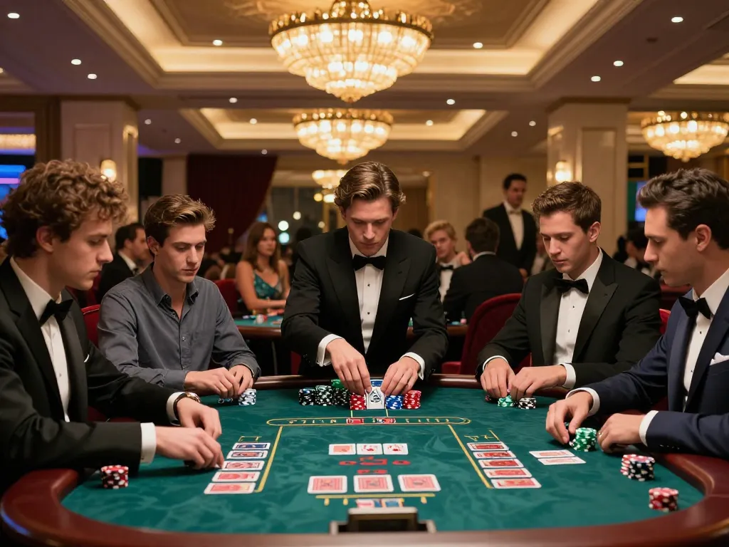 Players engaging in an exciting blackjack game at 13win's upscale casino table, showcasing strategy and camaraderie.