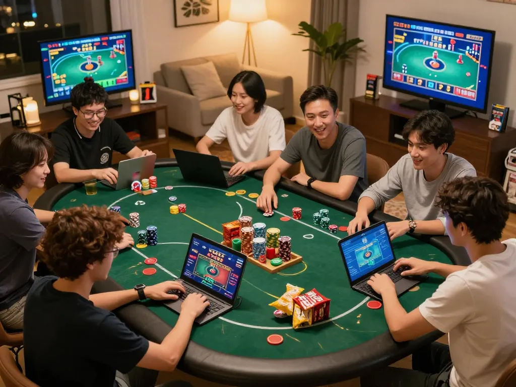 Players engaging with Bom88 online casino games in a lively home atmosphere, highlighting strategy and camaraderie.
