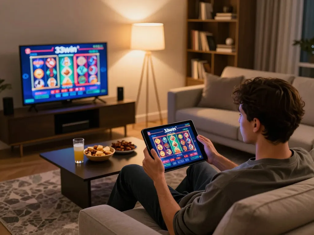 Engaging with slot games on 33win in a cozy home setting, showcasing modern gaming