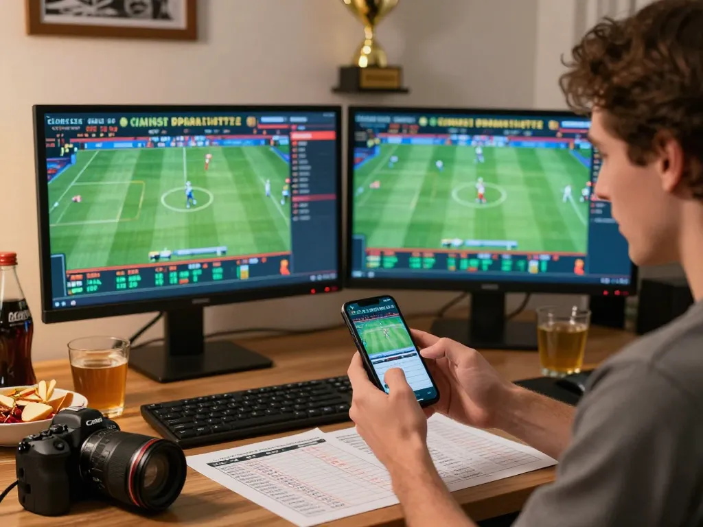 Betting excitement on the BJ88 app with live sports feeds in a cozy home office.