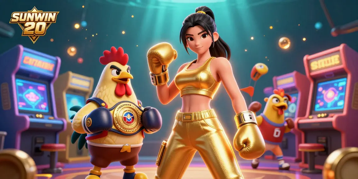 Bet on SUNWIN 20 with a powerful 3D woman and championship rooster in a lively casino scene.