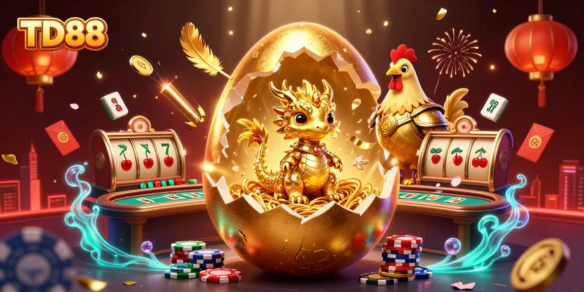 Experience the excitement of TD88's golden dragon revealing jackpot treasures amidst vibrant casino elements.