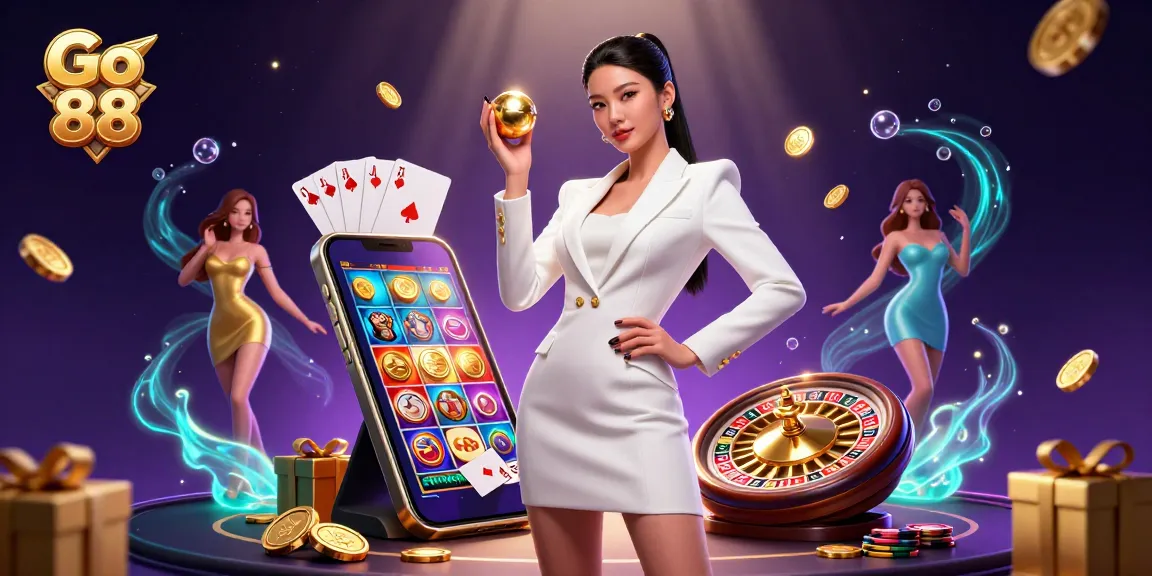 Experience thrilling gameplay with Go 88 as a captivating Asian woman poses confidently among casino elements.