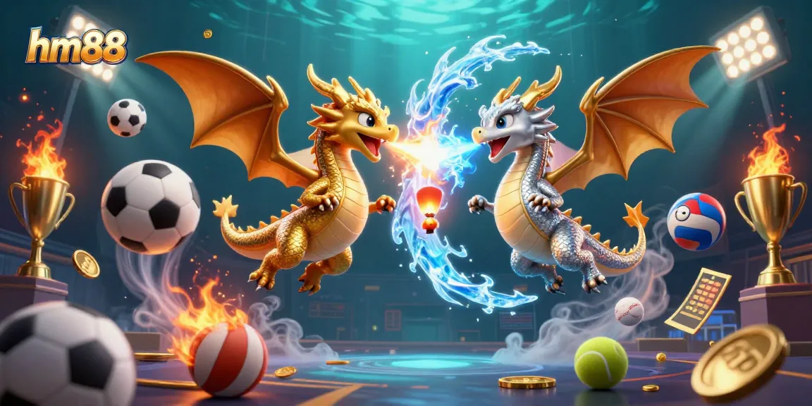 Experience thrilling bets with hm88, featuring mythical dragons and vibrant sports elements.