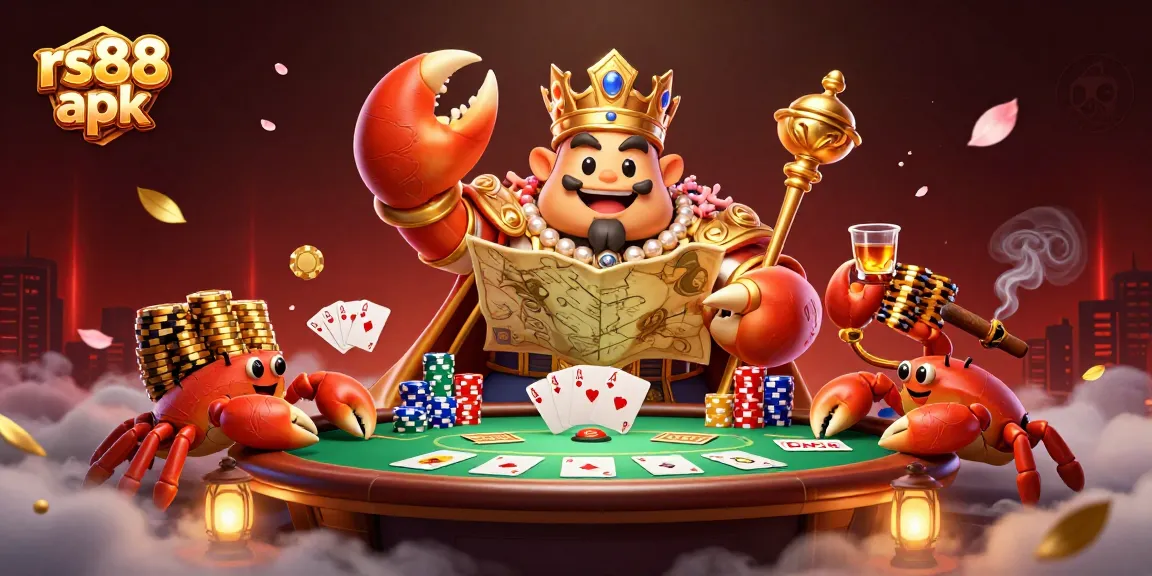Experience the excitement of rs88 apk with a vibrant 3D illustration showcasing a golden crab emperor in a casino-themed scene.