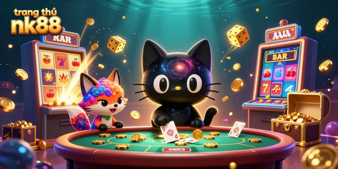 Experience the excitement at trang chủ nk88 with a cosmic casino scene featuring vibrant characters and jackpot wins.