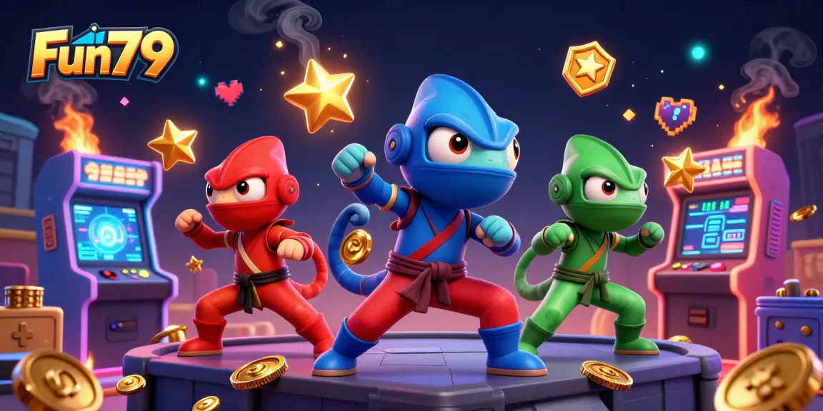 Engage in exciting gameplay at Fun79 with vibrant cartoon ninjas amidst casino elements.