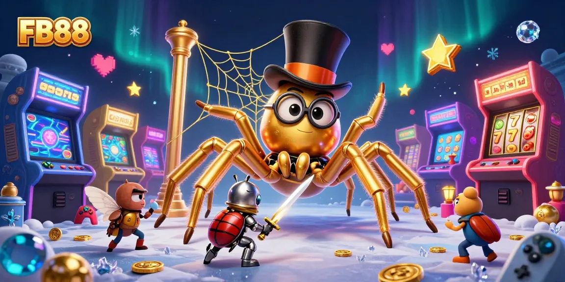 Experience thrilling gaming at FB88, where a giant golden tarantula and brave knight meet in a vibrant casino scene.