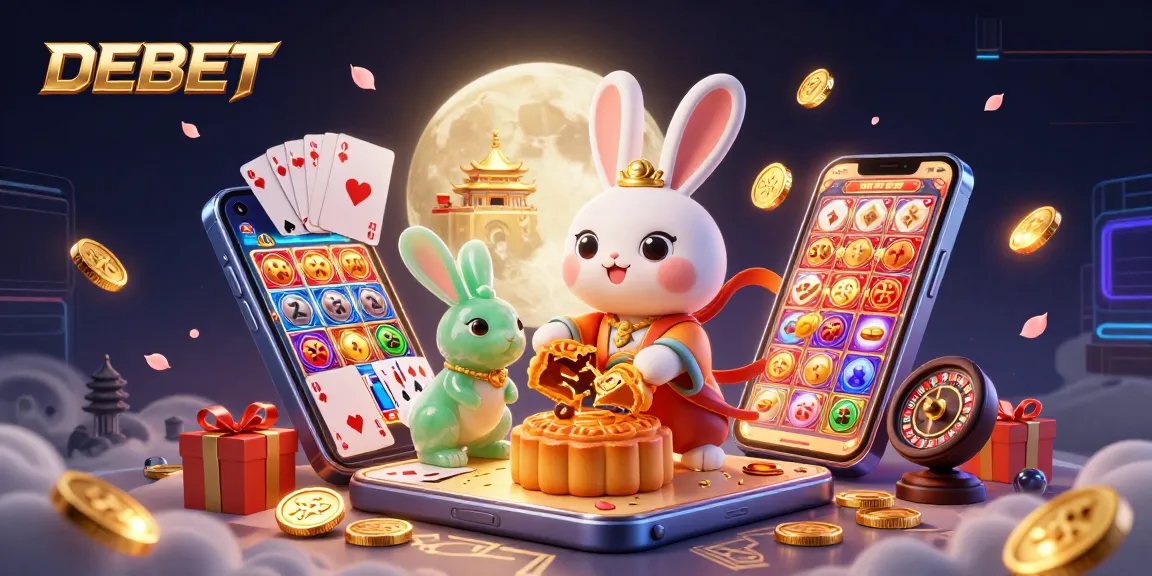 Experience the thrill of DEBET as a moon rabbit reveals poker chips while gaming elements surround them.