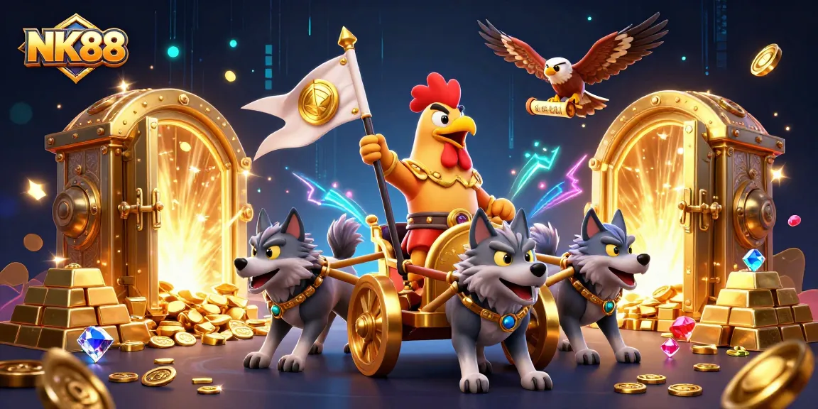 Engage in thrilling action with NK88, featuring characters amidst a rich casino treasure scene.