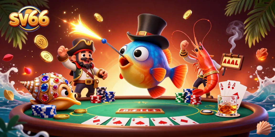 Engage with sv66's vibrant casino scene featuring 3D characters playing poker, collecting coins.
