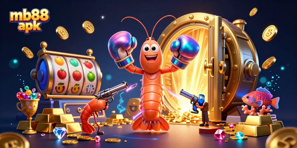 Experience gaming thrills with mb88 apk in a vibrant casino scene featuring colorful characters and treasures